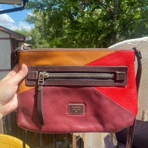 Fossil Red and Brown Leather Crossbody Bag